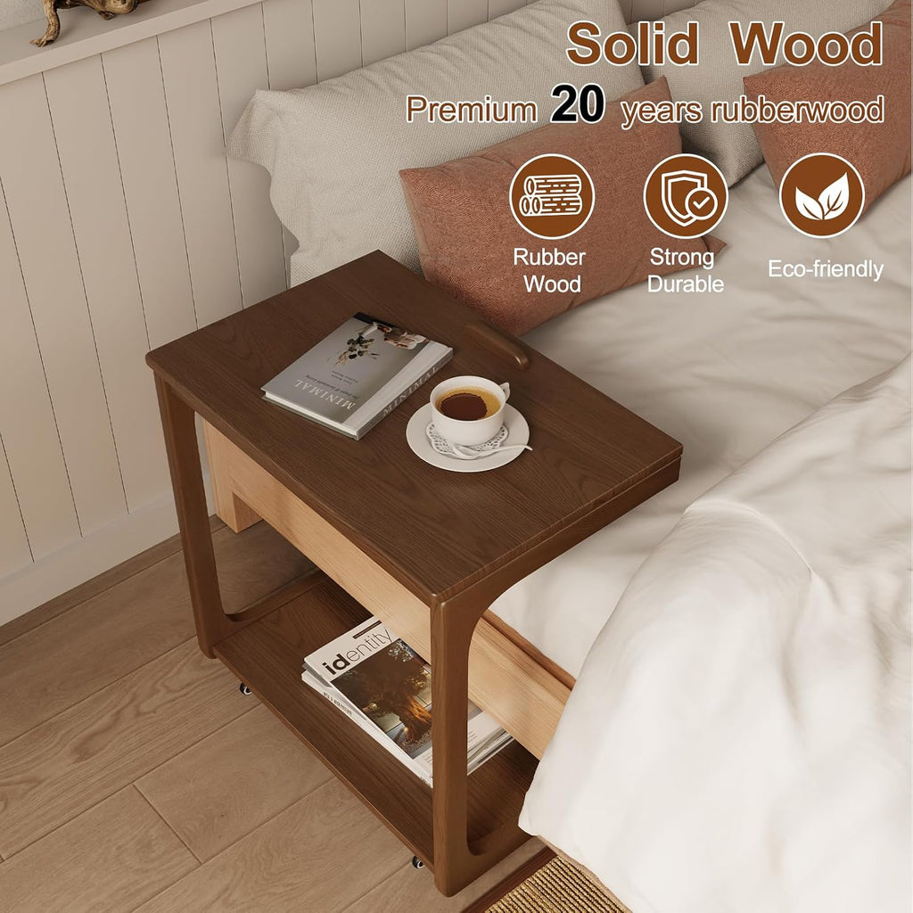 AQIMUELE Wooden C-Shaped End Table,Couch Table with Adjustable Desktop,Small Rolling Side Table with 2 Lockable Wheels 23.6' Width,Small End Table for Couch, Living Room,Bedroom (Walnut)