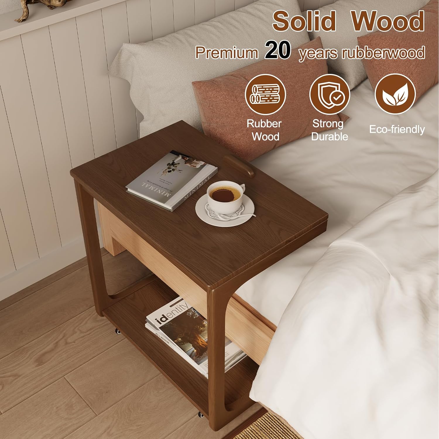 AQIMUELE Wooden C-Shaped End Table,Couch Table with Adjustable Desktop,Small Rolling Side Table with 2 Lockable Wheels 23.6' Width,Small End Table for Couch, Living Room,Bedroom (Walnut)