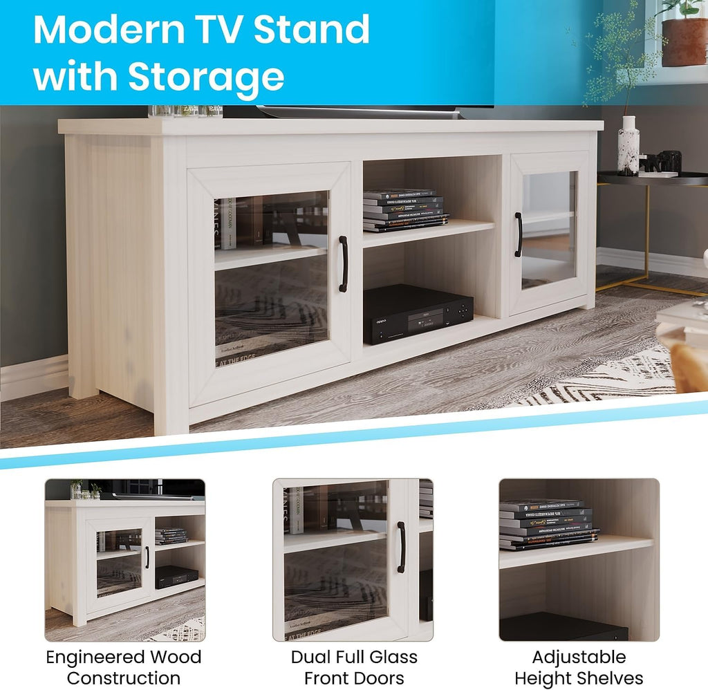 Flash Furniture Sheffield Engineered Wood TV Stand for 80' TVs, Media Console/TV Cabinet with 3 Adjustable Shelves and Glass Doors, White Wash Finish