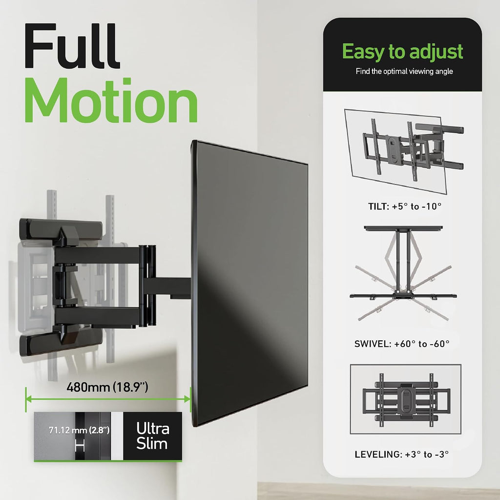 Heavy Duty Dual Arm Articulating TV Wall Mount Bracket for Samsung Q70D (Q71D, Q72D, Q73D, Q74D, Q75D) QN55Q70D 55 Inch TV - Tilt & Swivel with Reduced Glare