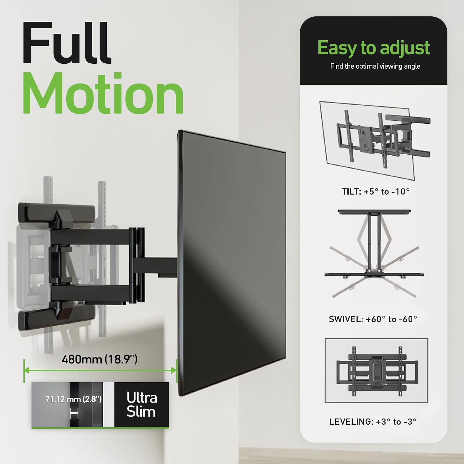 Heavy Duty Dual Arm Articulating TV Wall Mount Bracket for Samsung S95D QN55S95D 55 Inch TV - Tilt & Swivel with Reduced Glare