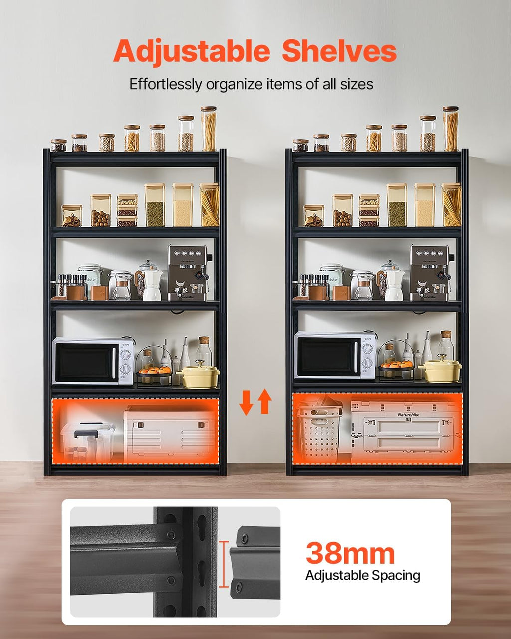 VEVOR Storage Shelves, 2000 lbs, 5 Tier Garage Storage Shelving, 18' D x 40' W x 72' H Adjustable Metal Shelves for Garage Shelves Utility Rack Shelf, Ideal for Kitchen, Warehouse, Basement, Black