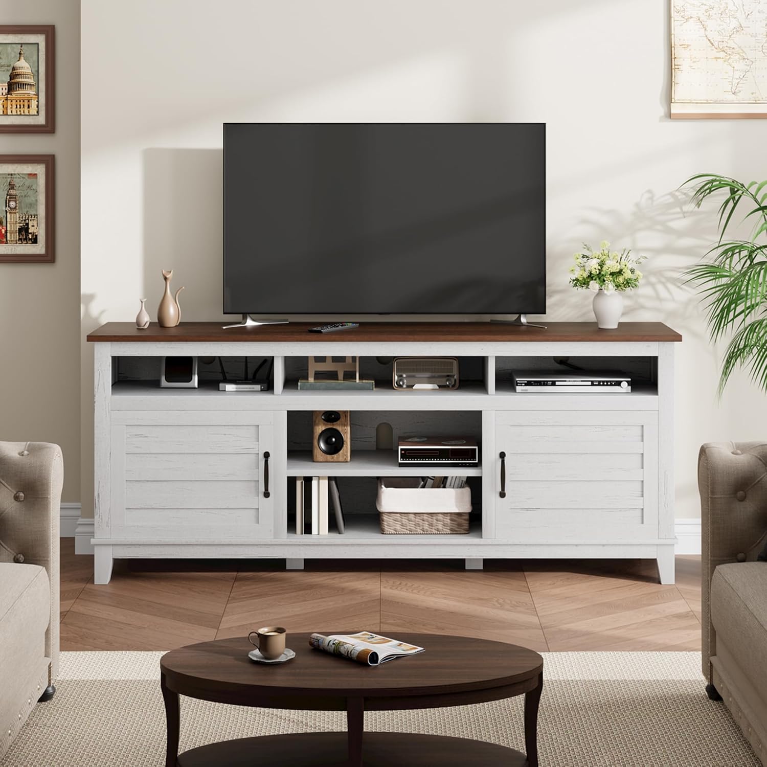 Garvee 70.9' TV Stand, Entertainment Center with Adjustable Shelves, Farmhouse TV Stand with Cabinet Doors,for Living Room, Bedroom