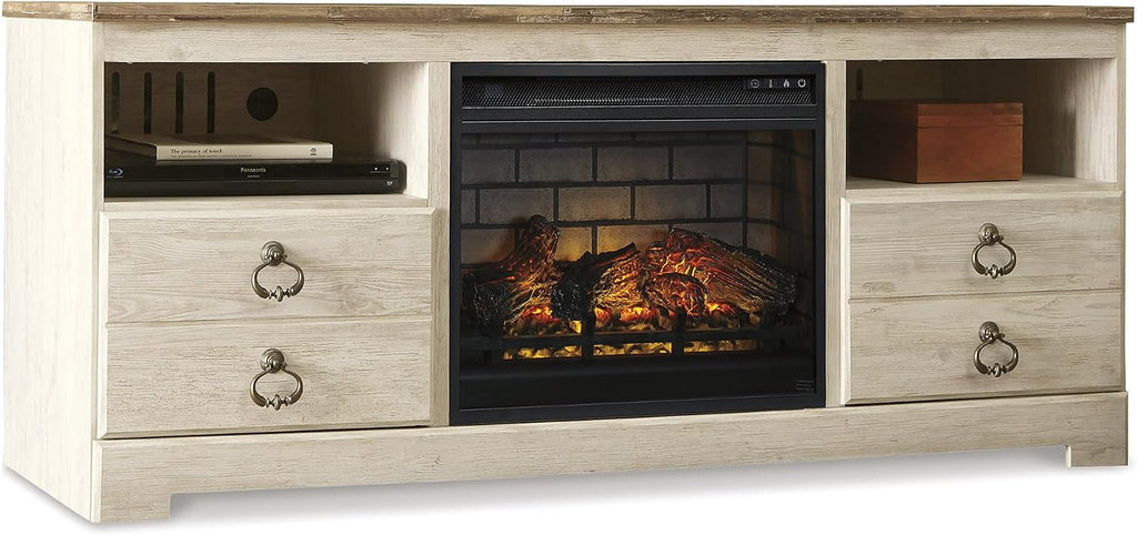 Signature Design by Ashley Entertainment Accessories Vintage 64' TV Stand with Electric Fireplace and LED Lights for TVs up to 72', Whitewash