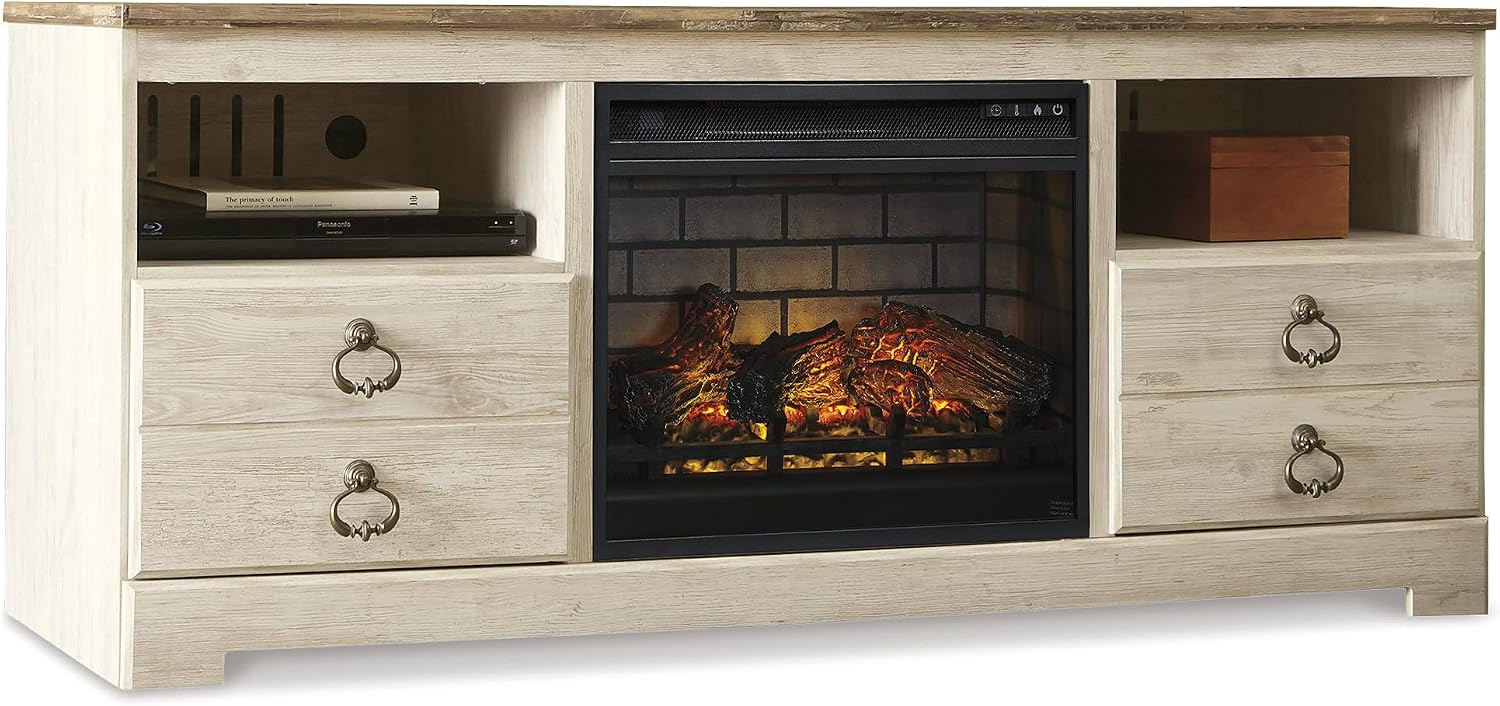 Signature Design by Ashley Entertainment Accessories Vintage 64' TV Stand with Electric Fireplace and LED Lights for TVs up to 72', Whitewash