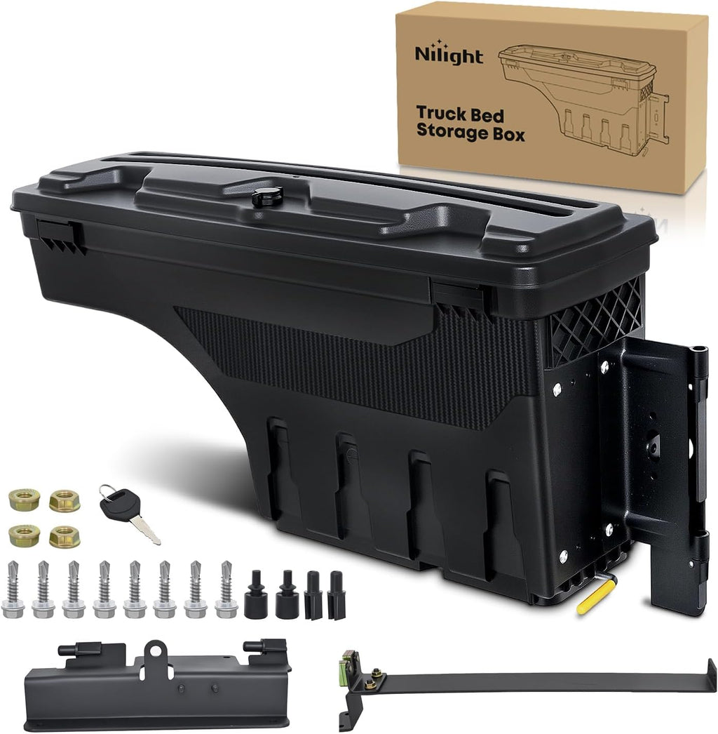 Nilight Truck Bed Tool Box Passenger Side Truck Tool Box Fit for Chevy Silverado GMC Sierra 1500 2500 3500 2007-2018 ABS Swing Case Truck Bed Storage Box w Lockable Lid Waterproof Wheel Well Toolbox