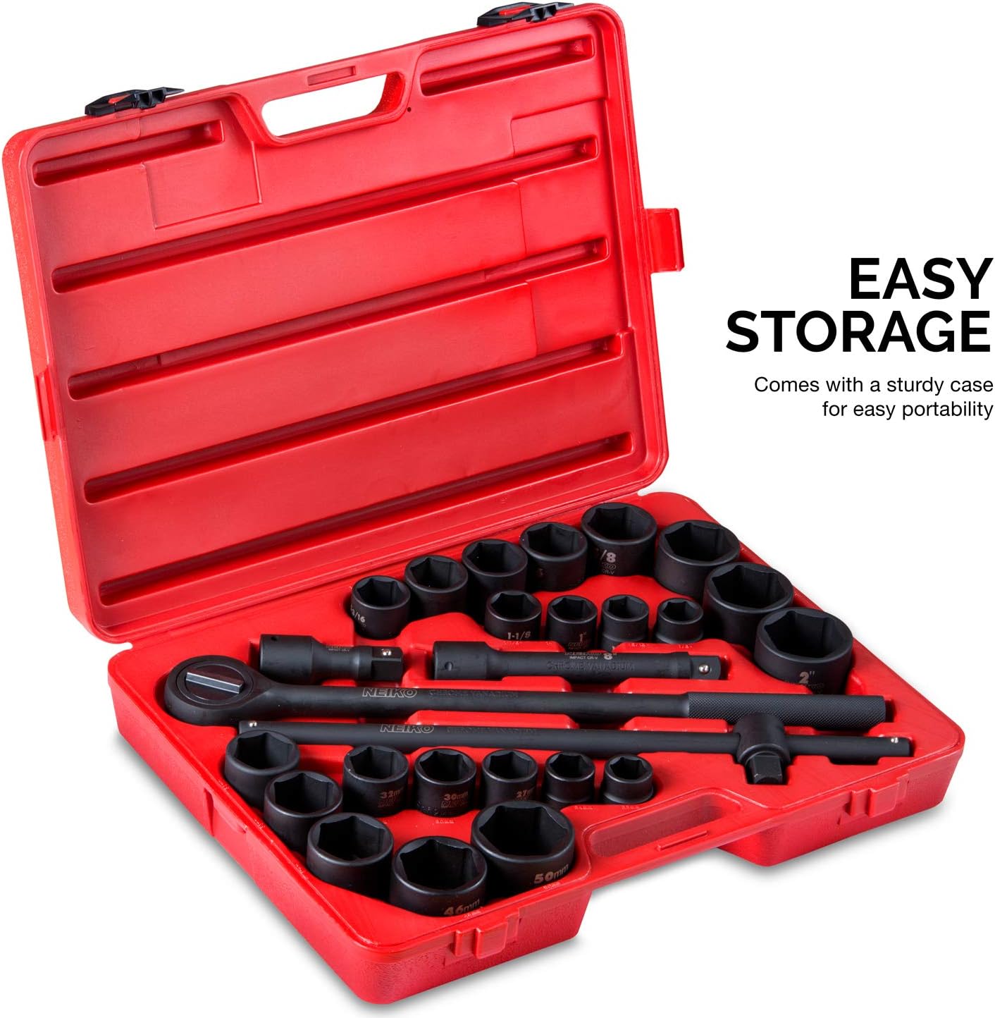 NEIKO 02499A 3/4-Inch-Drive Jumbo Master Impact Socket Set, SAE and Metric Shallow-Socket Tool Set, SAE 7/8' to 2' and Metric 26 to 38 mm, 27 Pieces