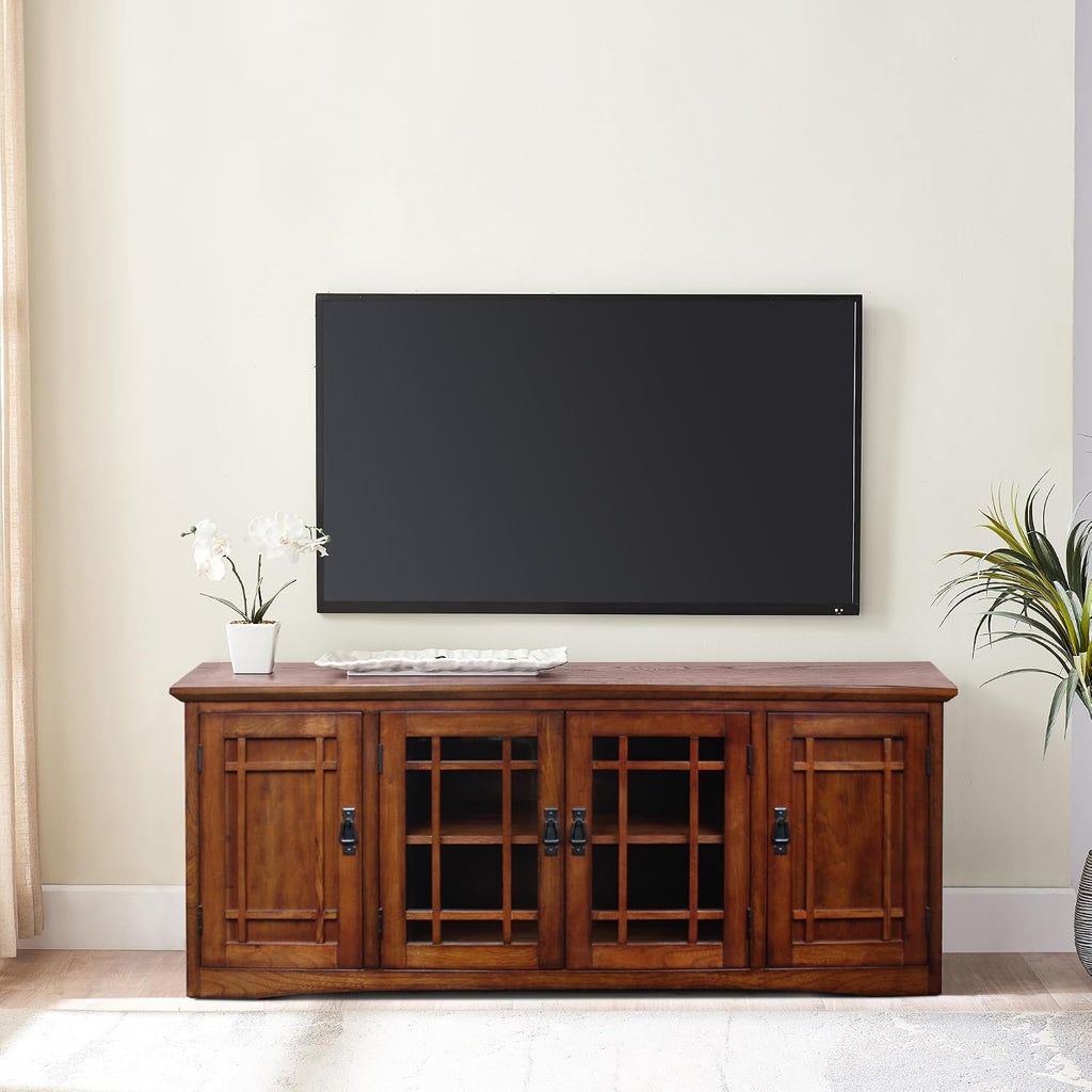 Leick Home 82360 Solid Wood Mission Oak Four Door TV Stand For 65' TVs Universal TV Console Living Room Storage Shelves Entertainment Center, Mission Oak