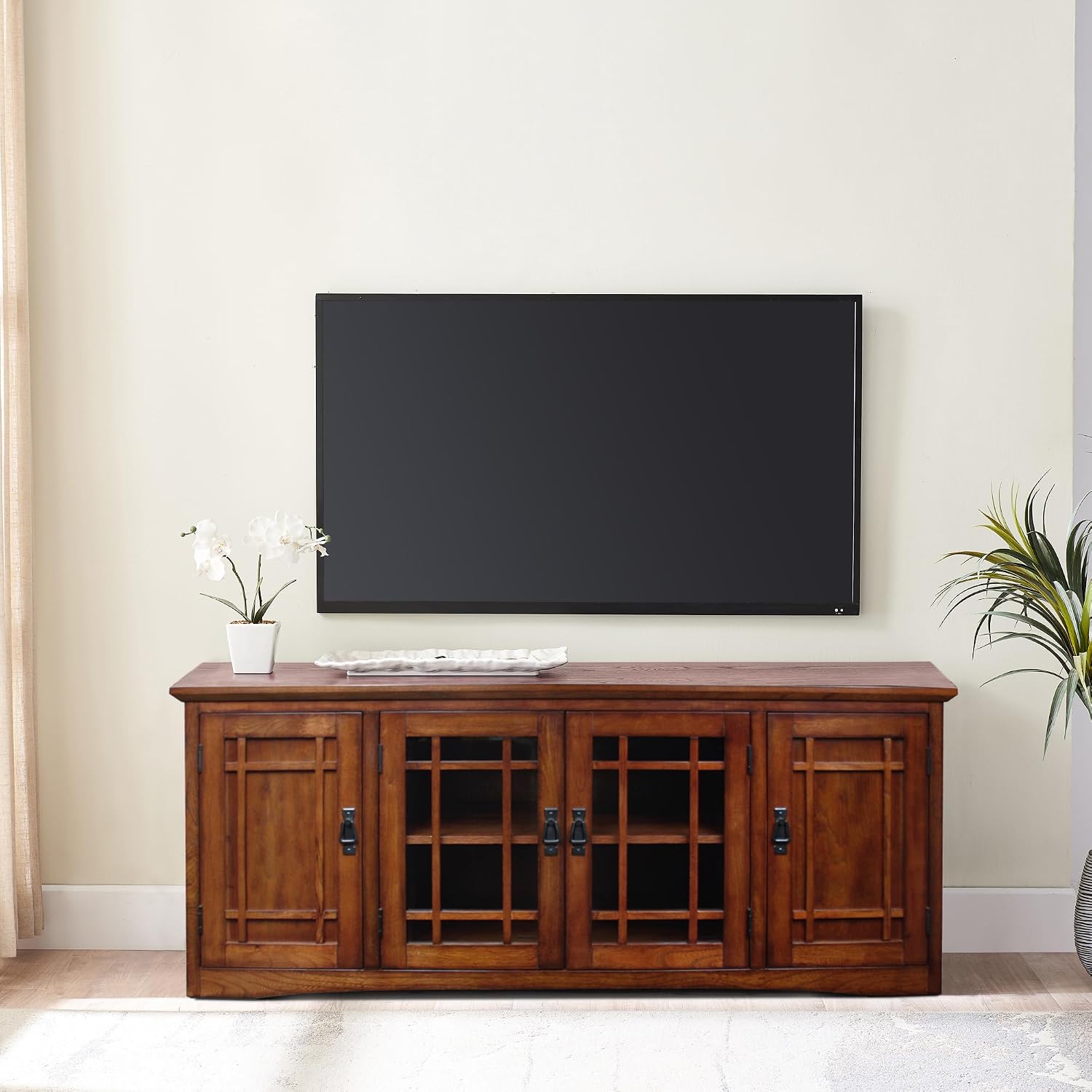 Leick Home 82360 Solid Wood Mission Oak Four Door TV Stand For 65' TVs Universal TV Console Living Room Storage Shelves Entertainment Center, Mission Oak
