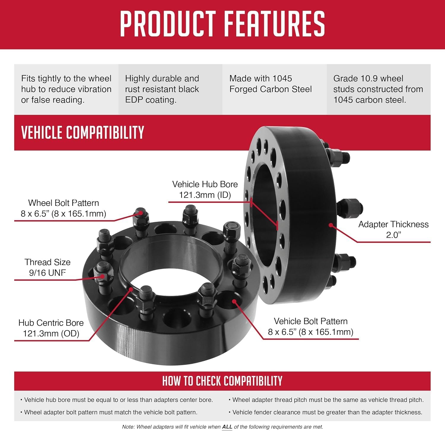 Wheel Accessories Parts 2 Pcs Steel Hub Centric Wheel Spacers 8 on 6.50 8x6.50 2.00 Inch Thick 121.3mm Hub 9/16' Thread Stud Fits Ram 2500 3500 Front Wheels Only
