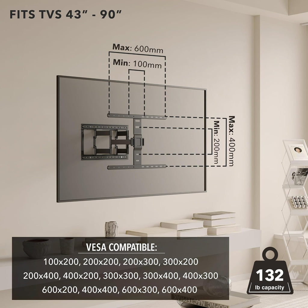 Mount-It! ADA Compliant Ultra Slim Full Motion TV Wall Mount, 1.1' Thin Low Profile Articulating Bracket for 43-90 Inch TVs, Heavy-Duty Swivel, Tilt, and Extend, Max VESA 600x400, 132 lbs Capacity