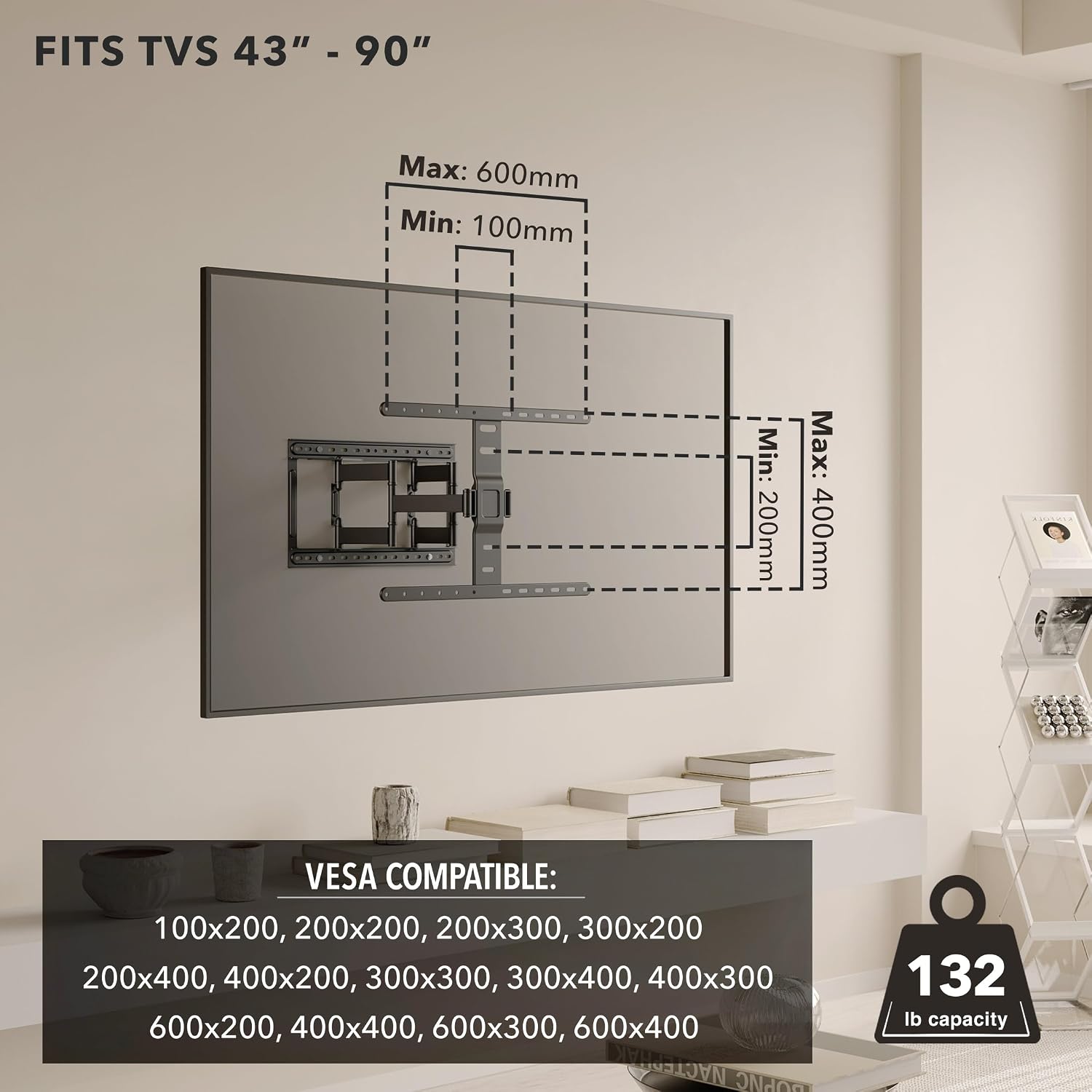 Mount-It! ADA Compliant Ultra Slim Full Motion TV Wall Mount, 1.1' Thin Low Profile Articulating Bracket for 43-90 Inch TVs, Heavy-Duty Swivel, Tilt, and Extend, Max VESA 600x400, 132 lbs Capacity