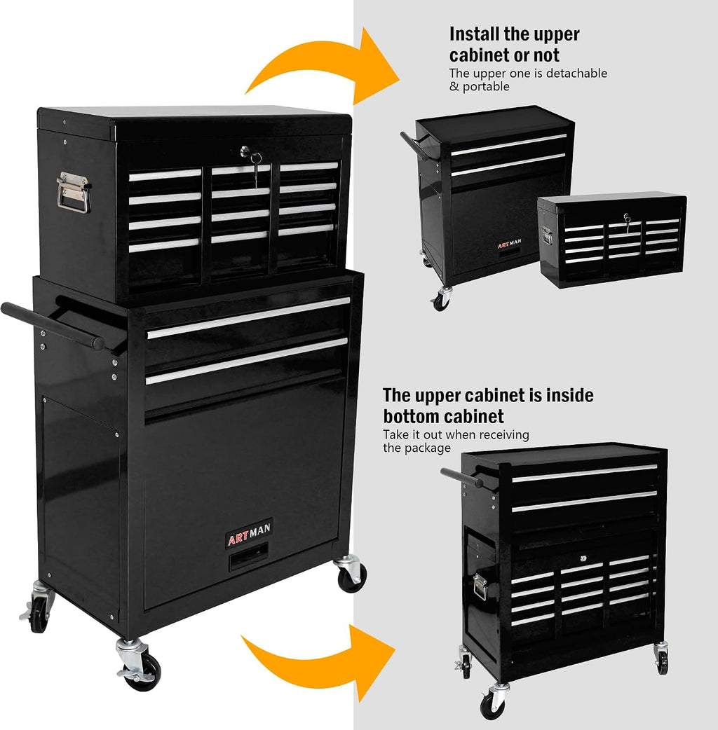 8-Drawer Tool Chest,Rolling Tool Box with Detachable Top Toolbox & Key Lock,Tool Cabinet with Universal Lockable Wheels,Lock Bar,Protective Liner,Metal Storage Cart for Garage,Workshop (Black)