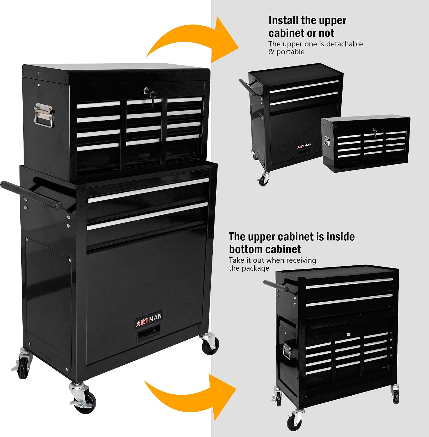 8-Drawer Tool Chest,Rolling Tool Box with Detachable Top Toolbox & Key Lock,Tool Cabinet with Universal Lockable Wheels,Lock Bar,Protective Liner,Metal Storage Cart for Garage,Workshop (Black)