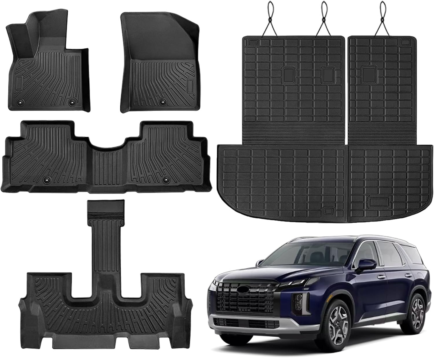 KUST Floor Mats for 2020-2025 Hyundai Palisade Accessories (7 Seater), All Weather Floor Liners & Rear Trunk Liner with Backrest Mat Car Mats TPE Rubber Raised Edge