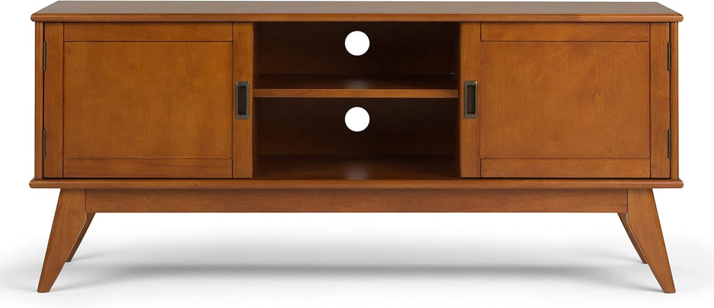 SIMPLIHOME Draper TV Stand - 60 inch Wide Solid Wood Low Media Console in Teak Brown, Mid Century Modern Entertainment Center for Living Room for TVs up to 65 Inches with Cabinets and Cable Management