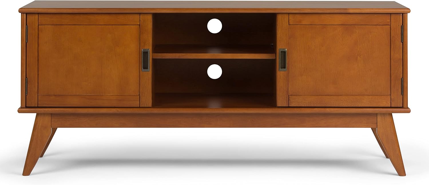 SIMPLIHOME Draper TV Stand - 60 inch Wide Solid Wood Low Media Console in Teak Brown, Mid Century Modern Entertainment Center for Living Room for TVs up to 65 Inches with Cabinets and Cable Management