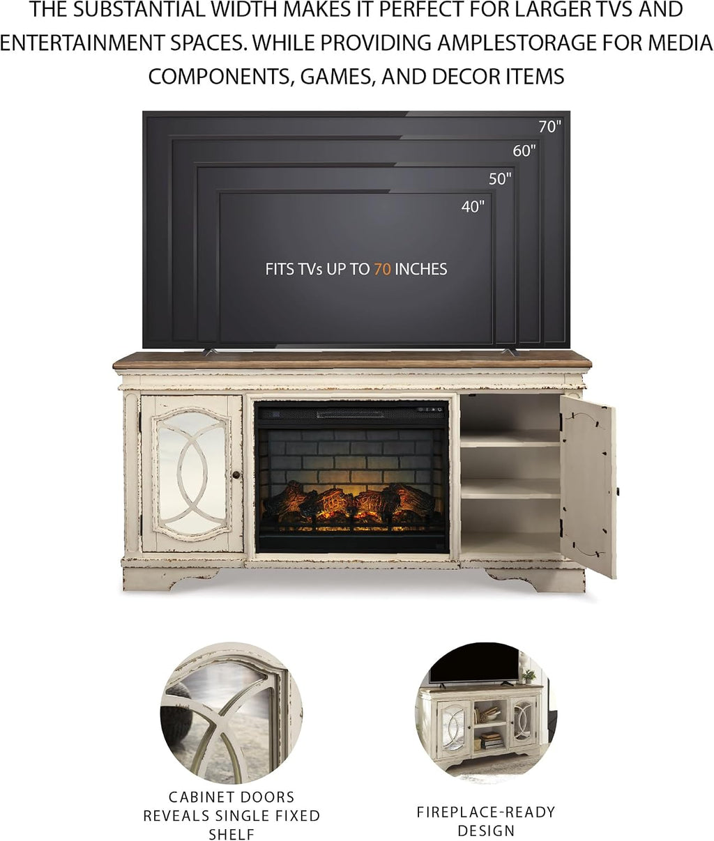 Signature Design by Ashley Realyn Vintage Casual TV Stand with Electric Fireplace, Heats Larger Rooms, Bronze Hardware, Wood, 74' Wide, White & Brown