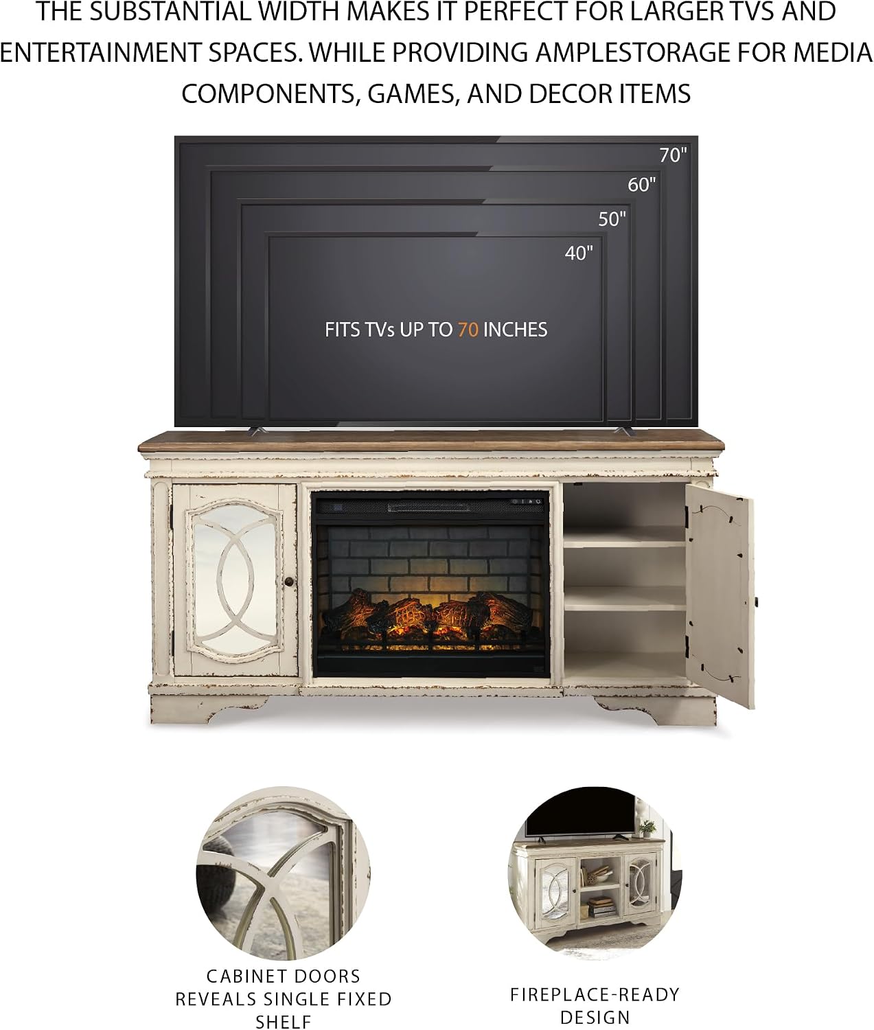 Signature Design by Ashley Realyn Vintage Casual TV Stand with Electric Fireplace, Heats Larger Rooms, Bronze Hardware, Wood, 74' Wide, White & Brown