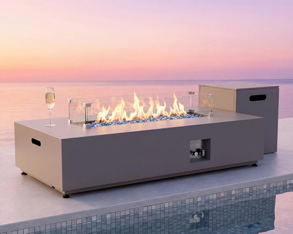 RADIATA 56' Rectangle Propane/Natural Gas Fire Pit for Patio, Modern Lowprofile Fireplace with Tank Table, Rain Cover, 50000BTU CSA Certified, Durable Outdoor Fire Pit Table for Backyard, Gray