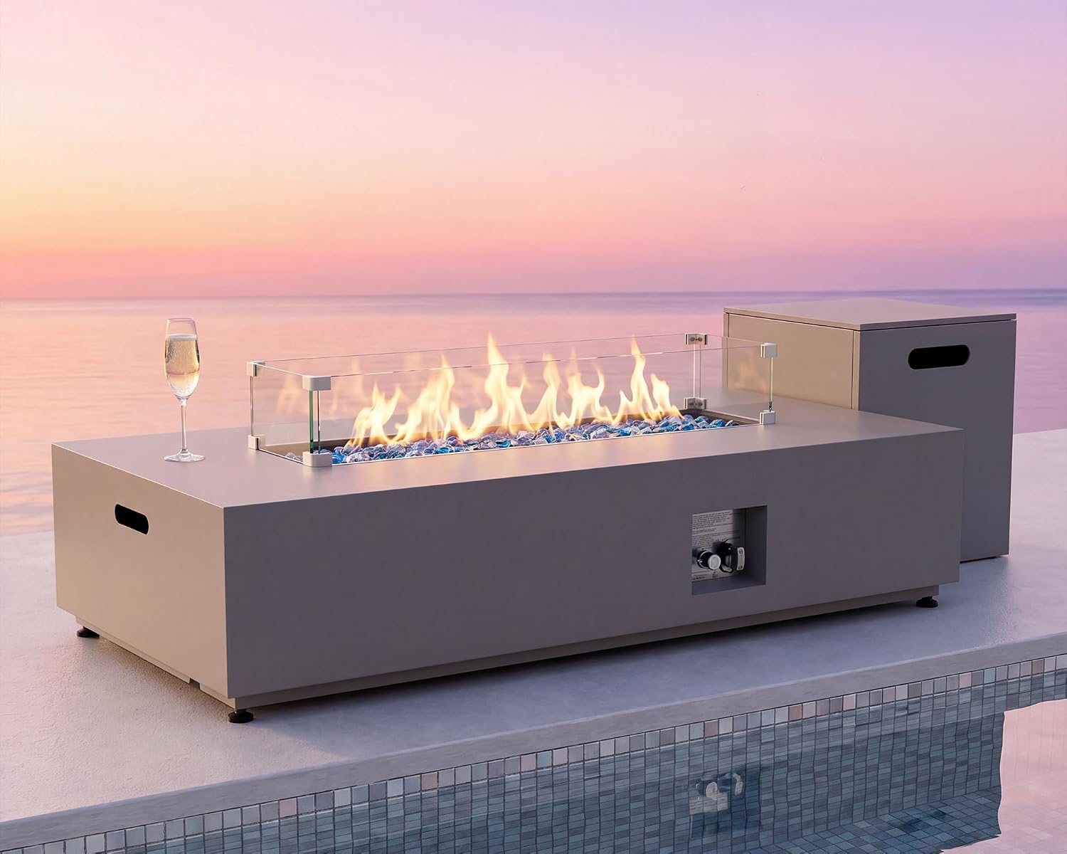 RADIATA 56' Rectangle Propane/Natural Gas Fire Pit for Patio, Modern Lowprofile Fireplace with Tank Table, Rain Cover, 50000BTU CSA Certified, Durable Outdoor Fire Pit Table for Backyard, Gray