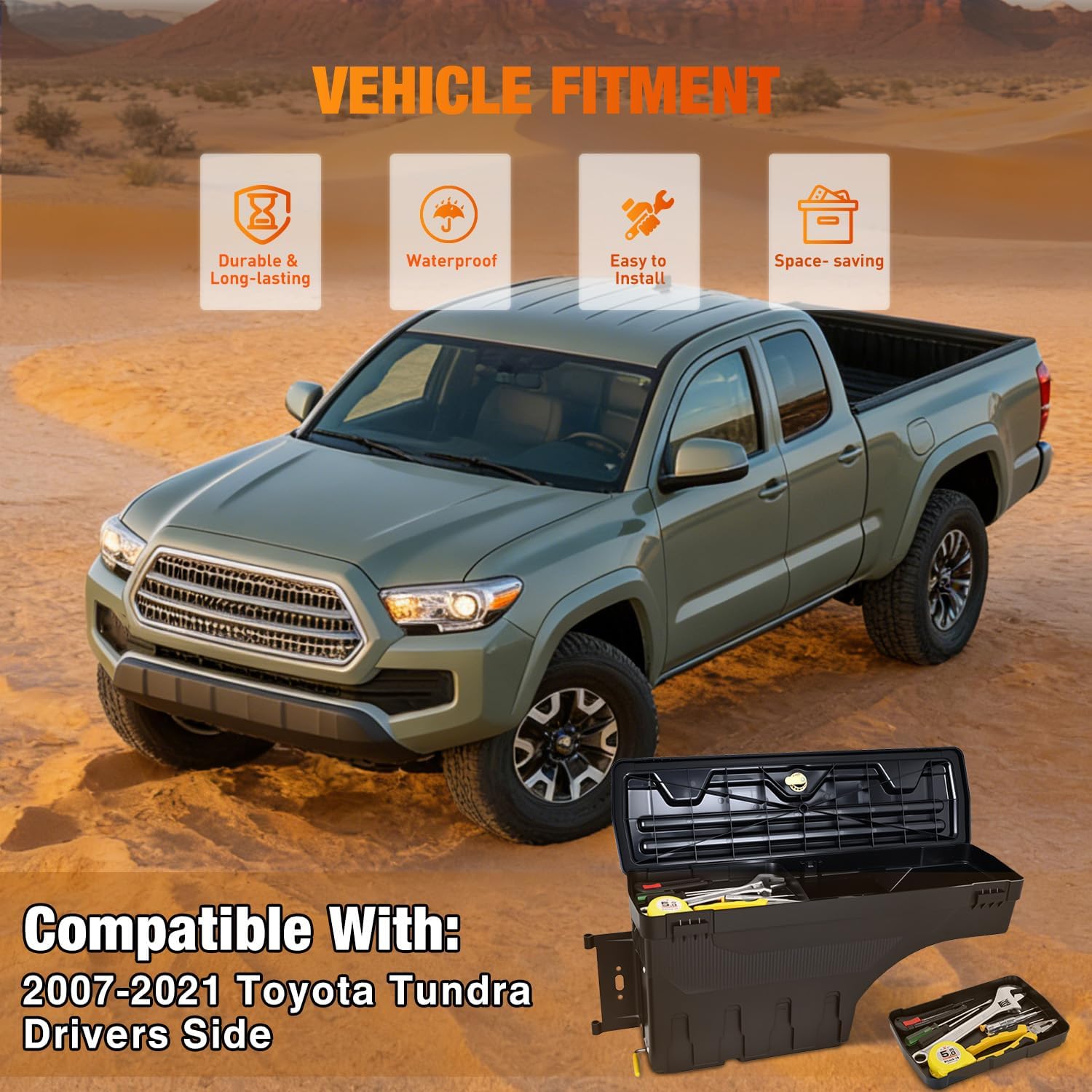 Nilight Truck Bed Tool Box Left Drivers Side Truck Tool Box Fit for Toyota Tundra 2007-2021 ABS Swing Case Truck Bed Storage Box with Lockable Lid Waterproof Wheel Well Toolbox Black