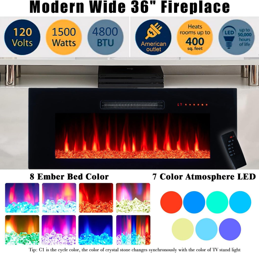 AMERLIFE Fireplace TV Stand with 36' Fireplace, 70' Modern Fireplace Entertainment Center LED Lights, 2 Tier TV Console Cabinet for TVs Up to 80', Ivory White