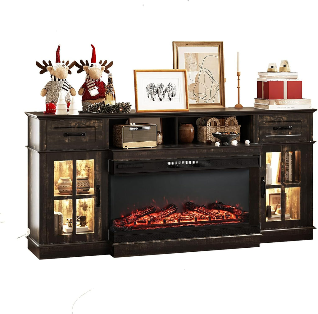 Bonnlo Fireplace TV Stand for up to 80'' TVs, Entertainment Center with 3-Sided Glass Electric Fireplace Heater, Glass Doors & Drawers, LED Media Console, Living Room, Dark Rustic Oak