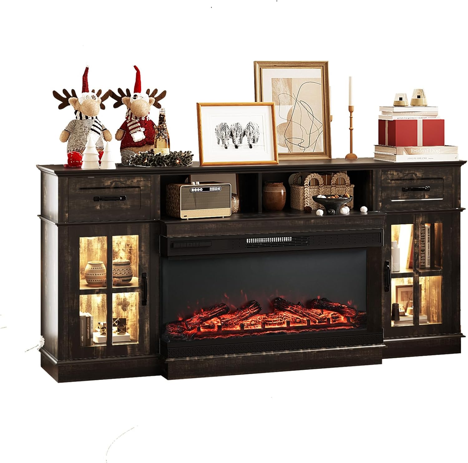 Bonnlo Fireplace TV Stand for up to 80'' TVs, Entertainment Center with 3-Sided Glass Electric Fireplace Heater, Glass Doors & Drawers, LED Media Console, Living Room, Dark Rustic Oak