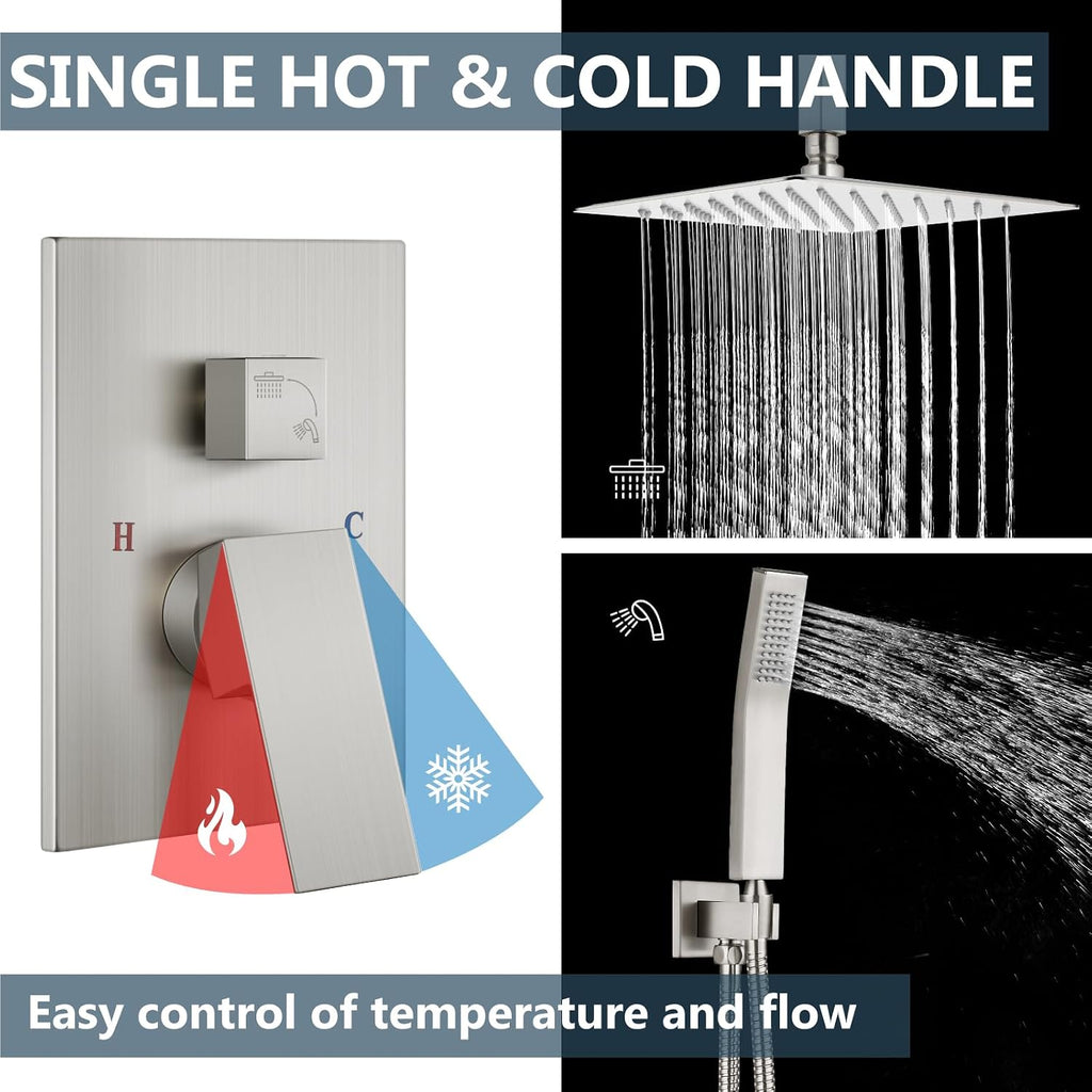 Aolemi Ceiling Mount Shower System Rain Shower Head with Handheld Spray High Pressure Shower Faucet Set Rough-in Valve Shower Trim Kit Included Bathroom Brushed Nickel 10 Inch Ceiling Shower Head