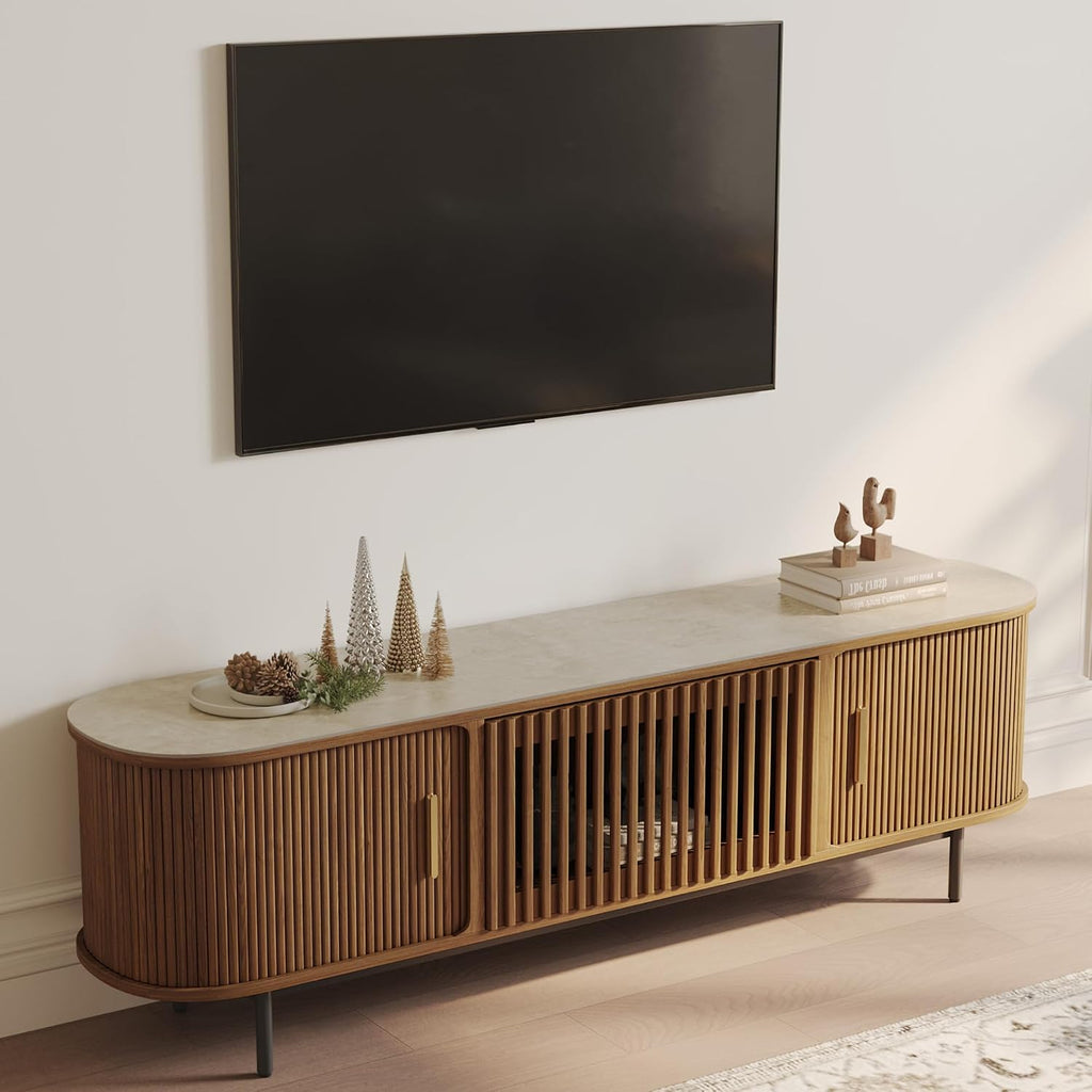 POVISON Fully-Assembled Sliding Tambour Door TV Stand, Mid Century Modern Sintered Stone TV Console, Wood Media Console for 70 Inch TV, Entertainment Center with Storage Cabinet(Walnut, 70.87')