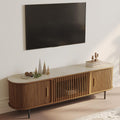 POVISON Fully-Assembled Sliding Tambour Door TV Stand, Mid Century Modern Sintered Stone TV Console, Wood Media Console for 70 Inch TV, Entertainment Center with Storage Cabinet(Walnut, 70.87')