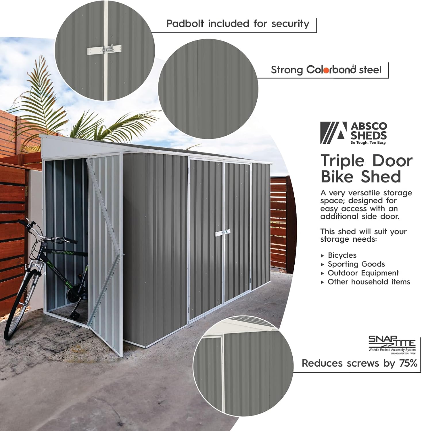 Absco Durango 5 Ft. x 10 Ft. Metal Storage Shed DIY Three Door Woodland Gray Galvanized Steel Bike Shed for Tools, Lawn & Garden Equipment, Outdoor Patio Furniture, Garden Lean to Shed Kit