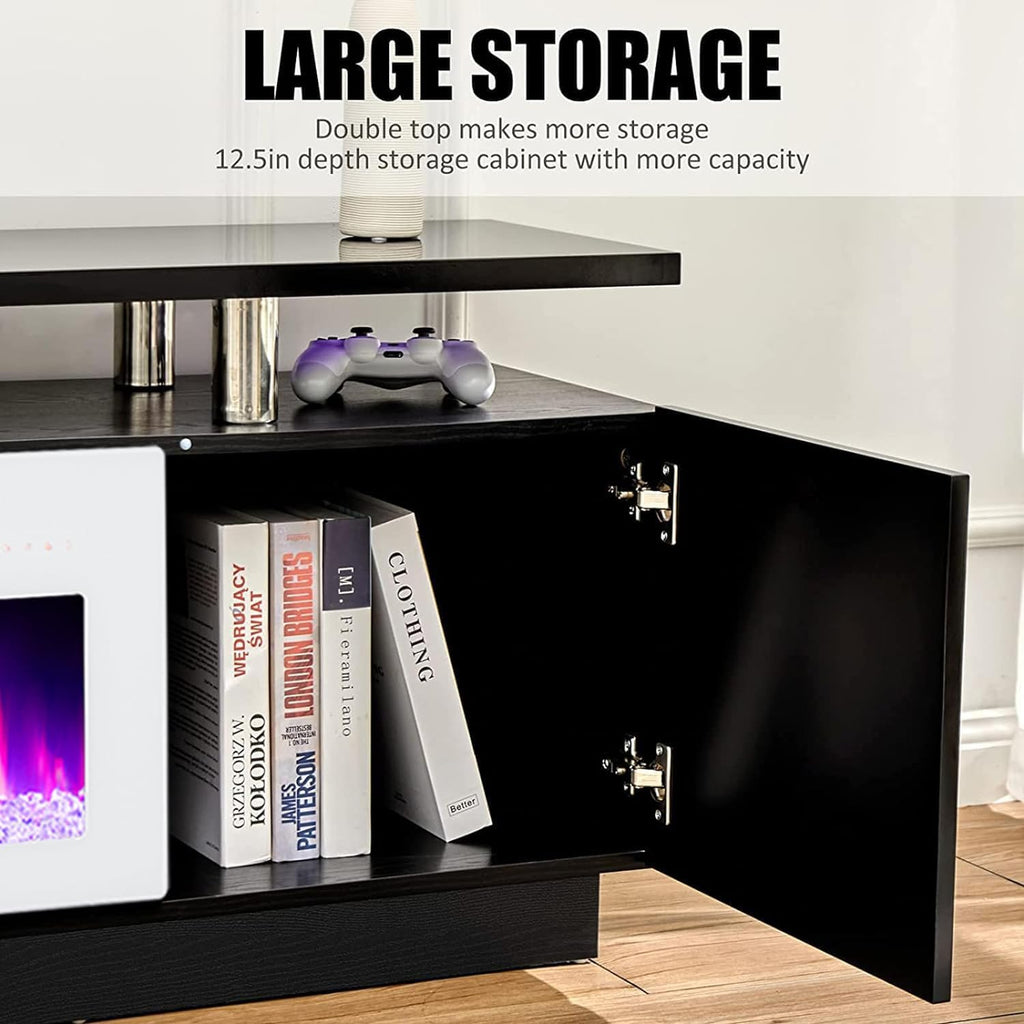 AMERLIFE Fireplace TV Stand with 36' White Fireplace, 70' Modern Fireplace Entertainment Center LED Lights, 2 Tier TV Console Cabinet for TVs Up to 80', Black & White