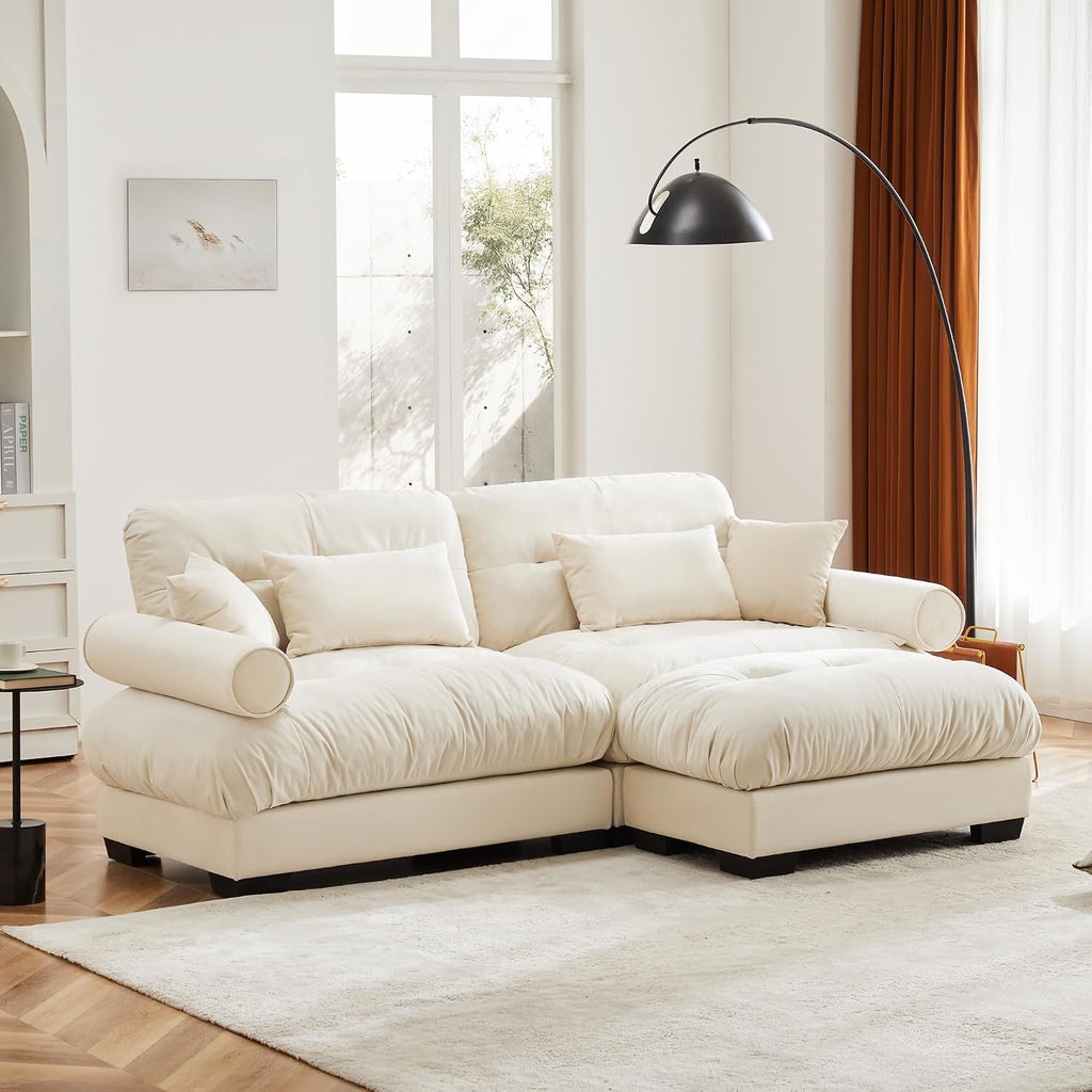 93.7' Loveseat Sofa Modular Sectional Sofa, 2 Seater Modern Cloud L Shaped Couch, Oversized Sectional Couches for Living Room, Comfy Velvet Sofas Deep Seat Couch with 4 Pillows, Cream