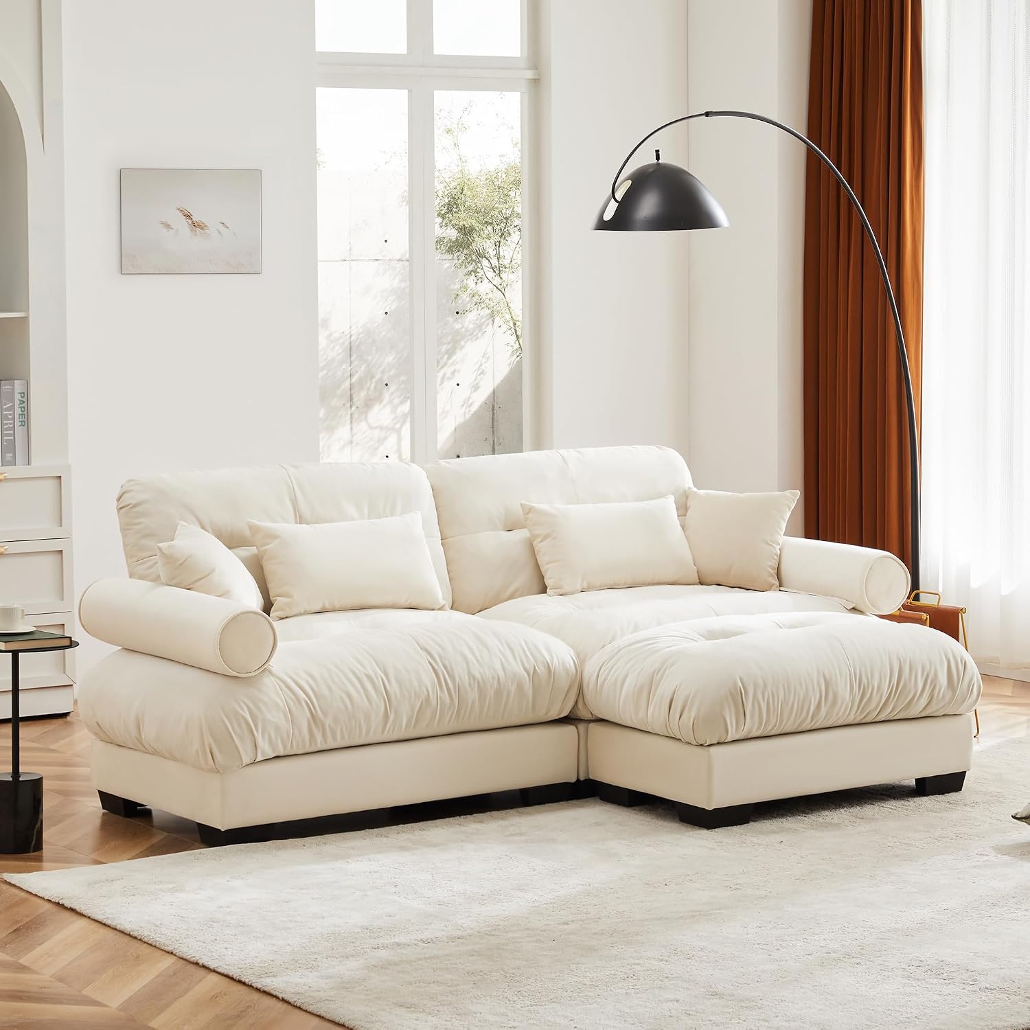 93.7' Loveseat Sofa Modular Sectional Sofa, 2 Seater Modern Cloud L Shaped Couch, Oversized Sectional Couches for Living Room, Comfy Velvet Sofas Deep Seat Couch with 4 Pillows, Cream
