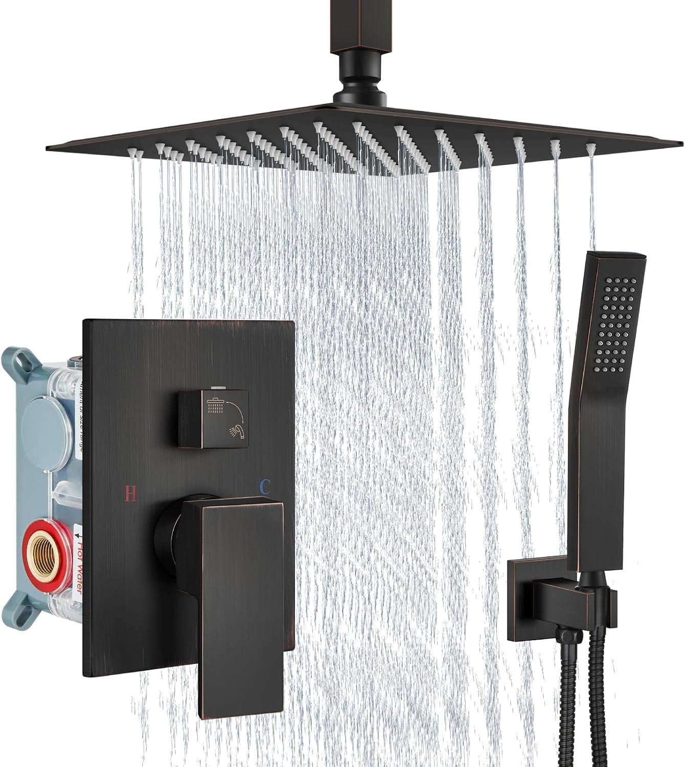 Aolemi Ceiling Mount Shower System Rain Shower Head with Handheld Spray High Pressure Shower Faucet Set Rough-in Valve Shower Trim Kit Included Bathroom Oil Rubbed Bronze 10 Inch Ceiling Shower Head