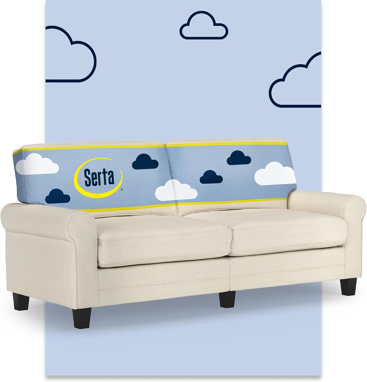 Serta Copenhagen 78' Rolled Arm Sofa, Easy Care Polyester, Soft Pillow Back, Pocket Coil Seat Cushions, Removable Covers, Loveseat or Couch for Small Spaces, Living Rooms or Bedrooms, Buttercream