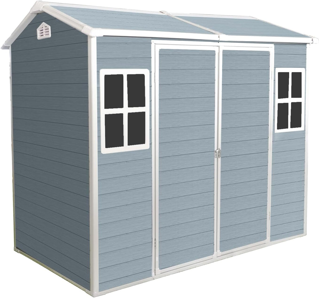 KEIKI 4x8 FT Outdoor Storage Shed Waterproof Resin Cabinet,Sloped Roof Polypropylene Frame with Two-Window and Double-Door for Patio Furniture Tools