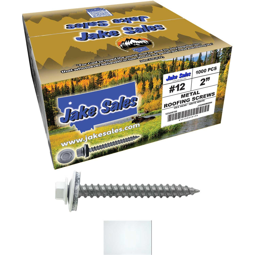 12 x 2 Brite White Metal Roofing Screws - Hex Washer Head- Self-Starting/Tapping - EPDM Washer. 4 X 250 Bags - 1,000 Screws