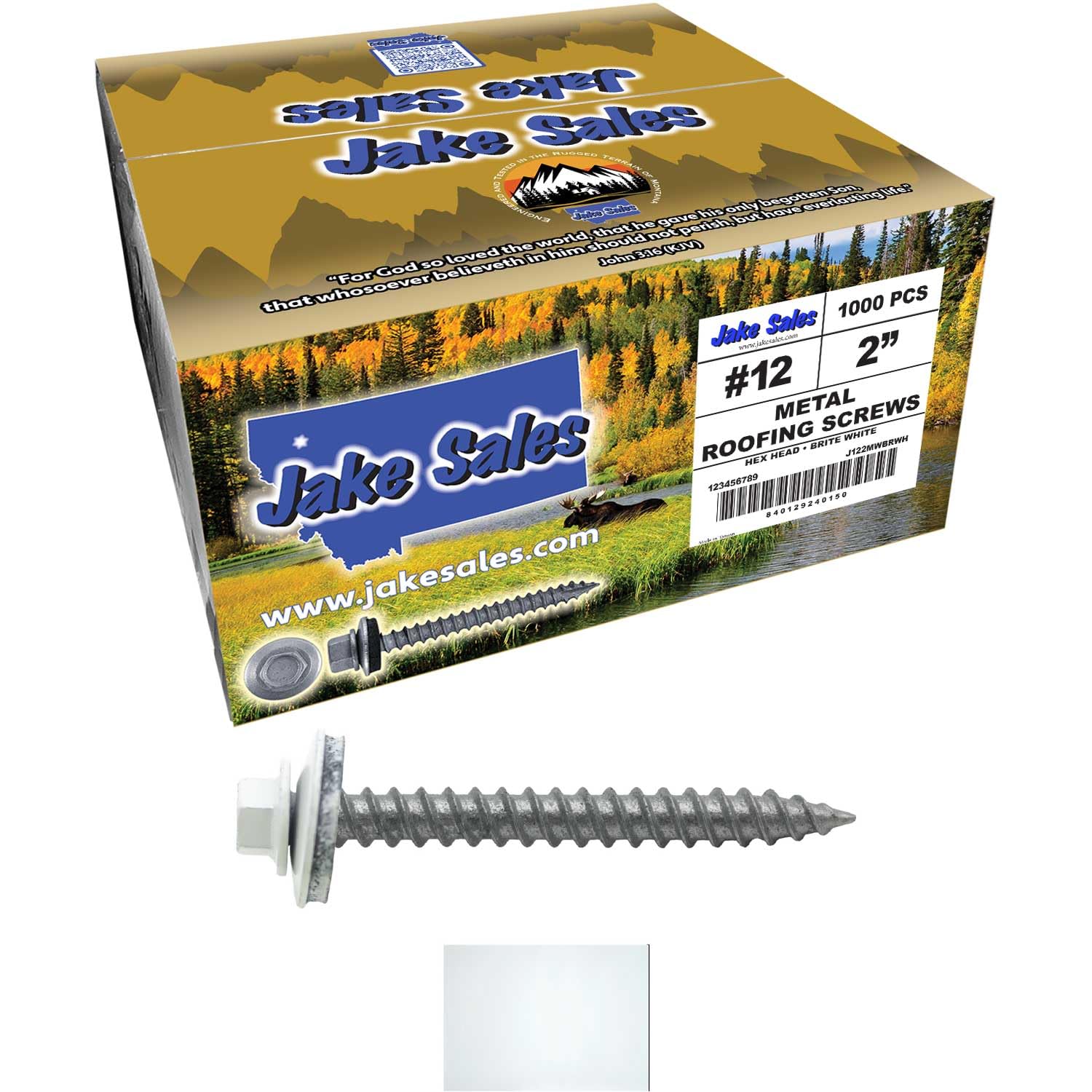 12 x 2 Brite White Metal Roofing Screws - Hex Washer Head- Self-Starting/Tapping - EPDM Washer. 4 X 250 Bags - 1,000 Screws