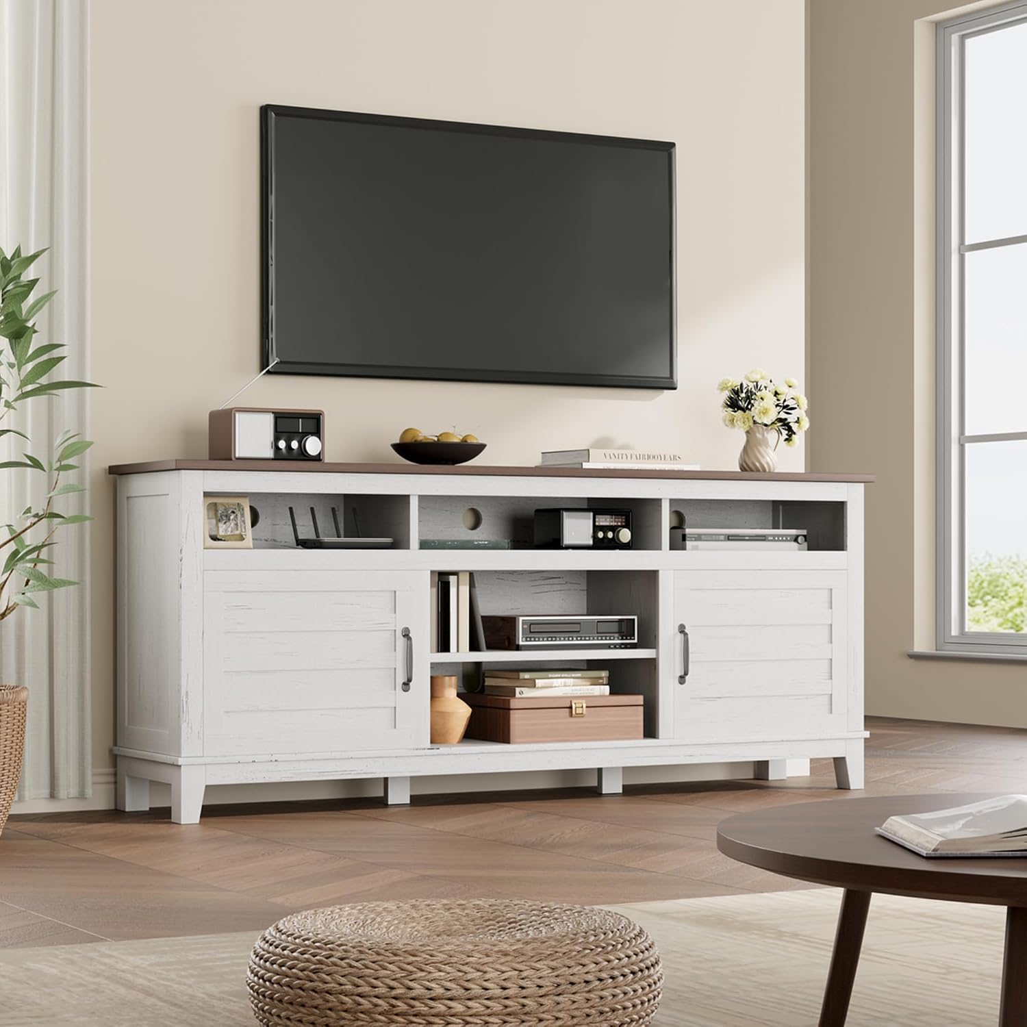 Garvee 70.9' TV Stand, Entertainment Center with Adjustable Shelves, Farmhouse TV Stand with Cabinet Doors,for Living Room, Bedroom