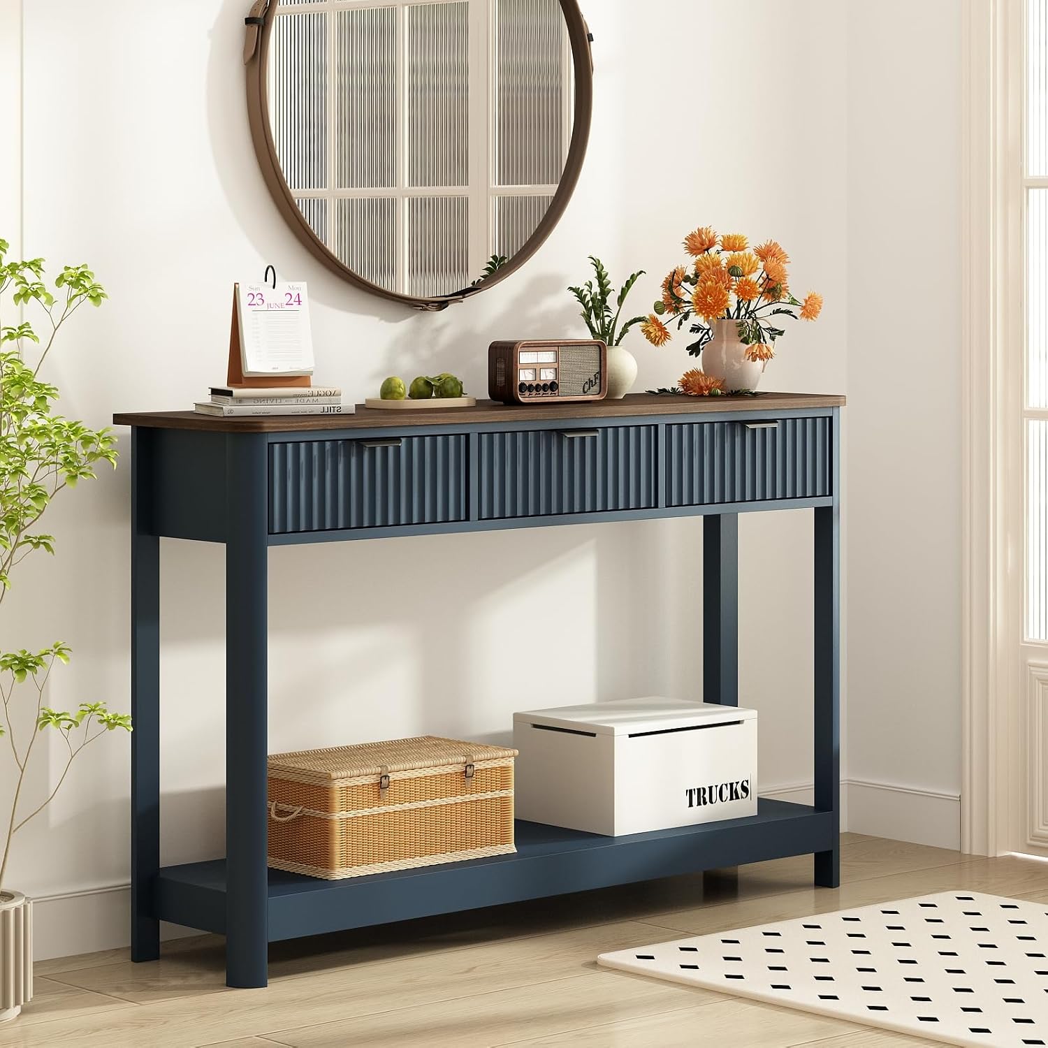 RUSTOWN Fluted Wood Console Table with 3 Drawers, 47.2' Modern Farmhouse Sofa Table & Entryway Table with Open Storage Shelf, Narrow Hallway Table for Living Room, Foyer and Hallway (Navy Blue)
