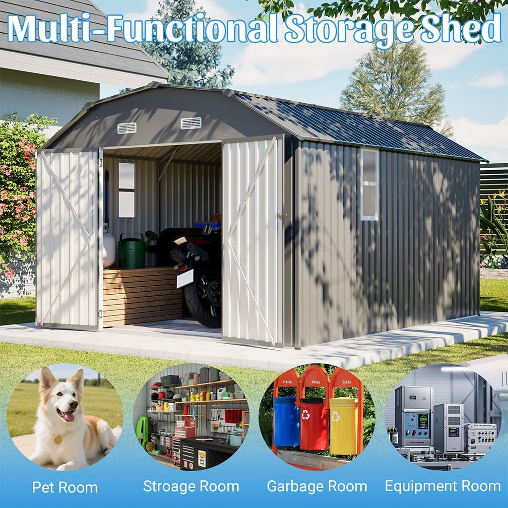 10×12 FT Metal Outdoor Storage Shed with Windows & Vents, Heavy-Duty Steel Garden Shed with Lockable Doors, Waterproof Utility Storage Building with Floor Frame Kit for Backyard, Patio, Lawn,Gray