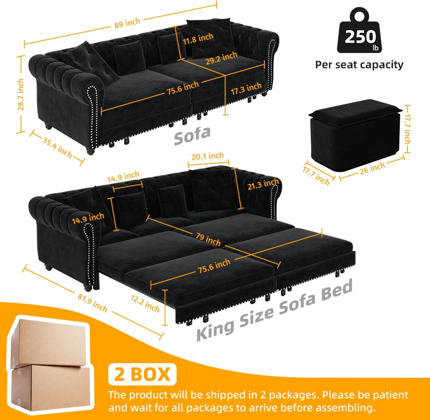 Ball & Cast 3-in-1 Convertible Sofa Bed with Movable Ottoman, 89' Pull Out Couch Bed King Size, Velvet 3 Seater Sleeper Sofa with Nailhead Trim & Rolled Arm,Sofa Couches for Living Room,Black