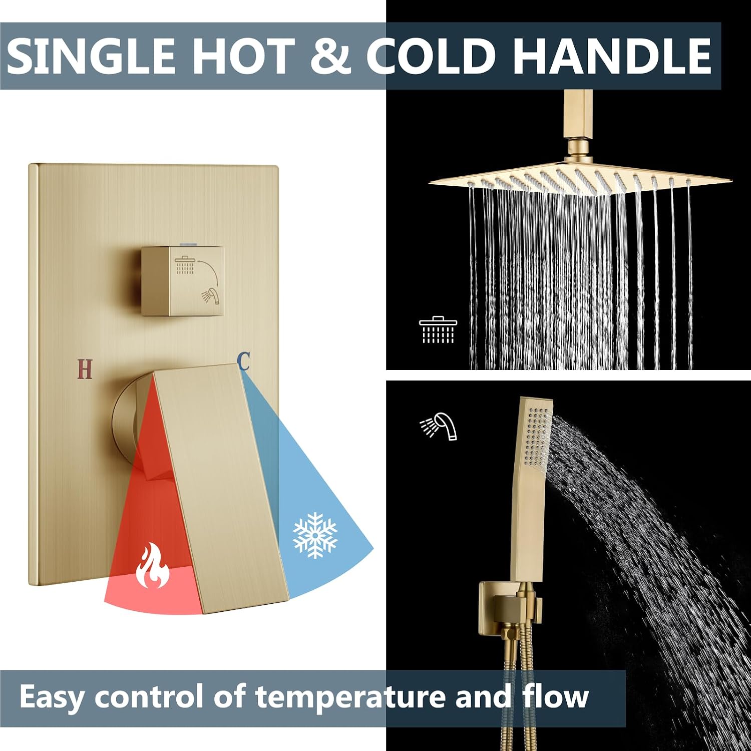 Aolemi Ceiling Mount Shower System Rain Shower Head with Handheld Spray High Pressure Shower Faucet Set Rough-in Valve Shower Trim Kit Included Bathroom Brushed Gold 10 Inch Ceiling Shower Head