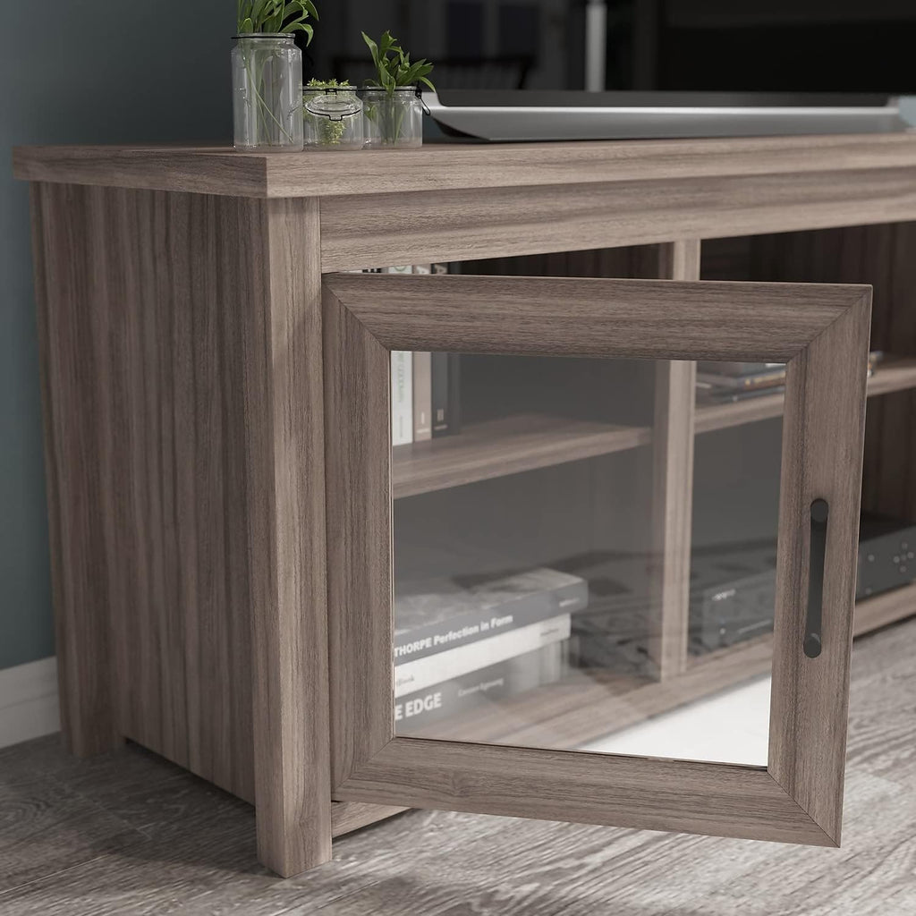 Flash Furniture Sheffield TV Stand for up to 80' TVs - Modern Gray Wash Finish & Full Glass Doors - 65' Engineered Wood Frame - 3 Height Adjustable Shelves