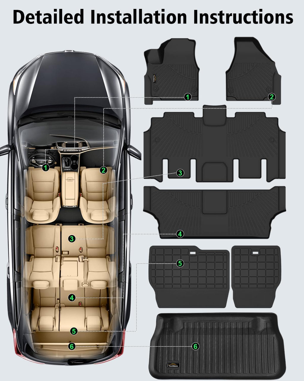 Floor Mats & Cargo Liner for Chrysler Pacifica 2017-2025 2026 Gas 7-Seater Touring (Non Hybrid&Non Pinnacle) All Weather TPE Rubber Trunk Mat Automotive Floor Liners for Pacifica Fuel 2025 Accessories