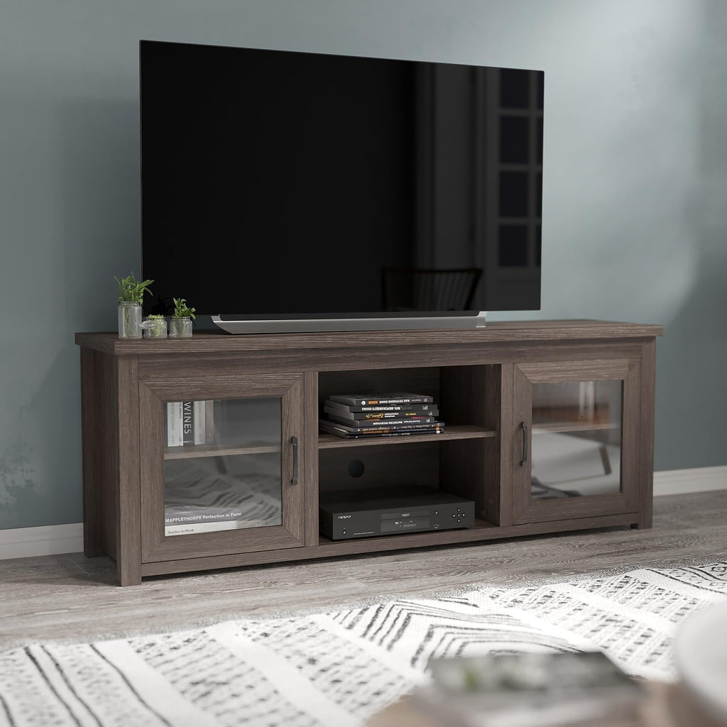 Flash Furniture Sheffield TV Stand up to 80' TVs - Modern Black Wash Finish & Full Glass Doors - 65' Engineered Wood Frame - 3 Height Adjustable Shelves