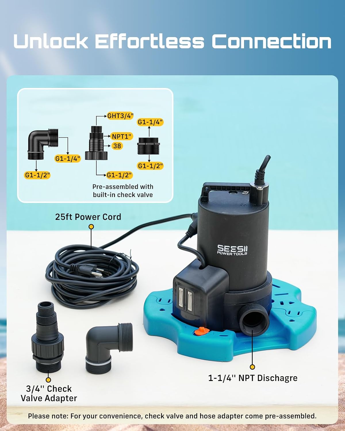 SEESII 1/3HP Pool Cover Pump - Automatic On/Off, 3035GPH Submersible Water Pump with Filter Net, 25ft Power Cord, Check Valve, Sump Pump for Swimming Pool, Hot Tubs, Pond, Basement, Rooftops
